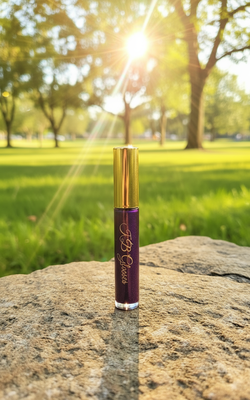 Purple lip oil with gold cap in a sunny background 
